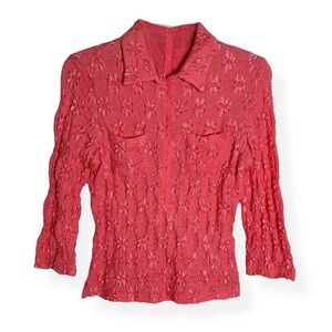 3/$20 💥 Pink floral embroidered stretchy gauze lace 3/4 sleeve collared blouse